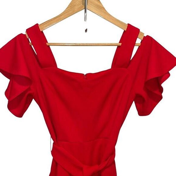 Calvin Klein Womens Cold Shoulder Flutter Sleeve Tie Belt Jumpsuit Red Size 2 - Picture 5 of 11